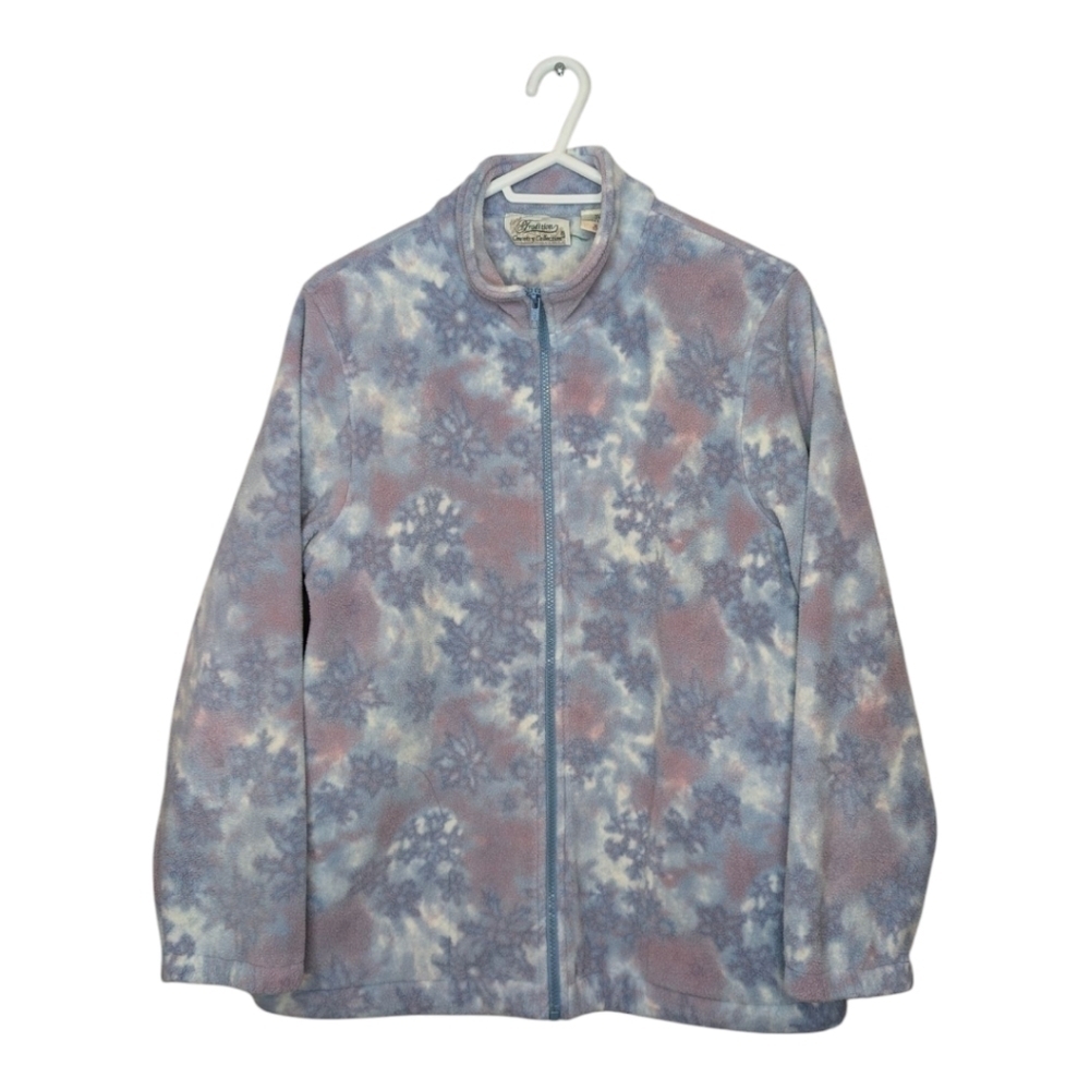 Tradition Country Blue Pink White Snow Fleece Grandma Zip Up Sweater Medium